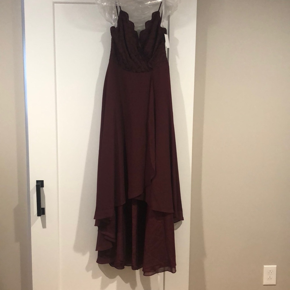 David’s Bridal brand new with tags high low dress in wine, size 12.